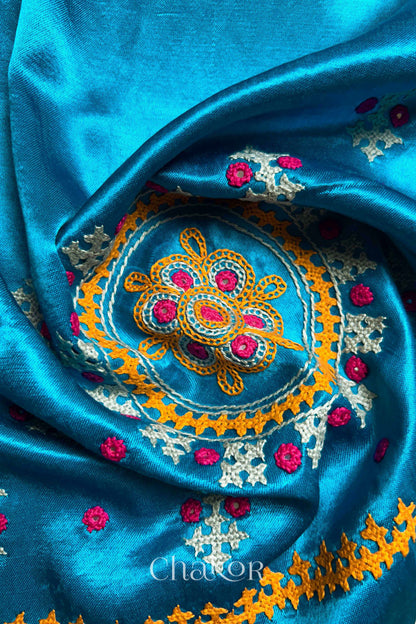 Peacock Blue Mashru Embroidered Blouse Material