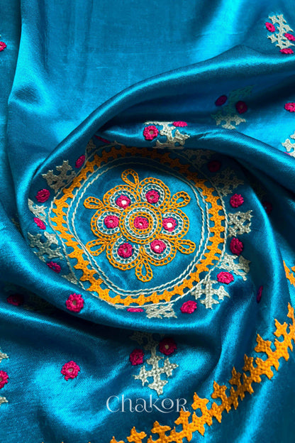 Peacock Blue Mashru Embroidered Blouse Material