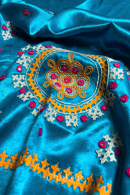Peacock Blue Mashru Embroidered Blouse Material