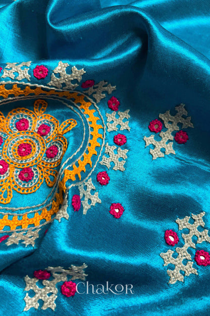 Peacock Blue Mashru Embroidered Blouse Material