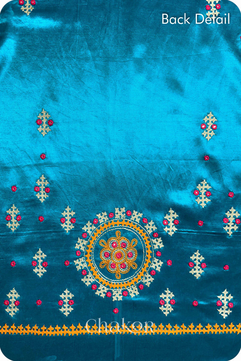 Peacock Blue Mashru Embroidered Blouse Fabric