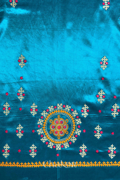 Peacock Blue Mashru Embroidered Blouse Material