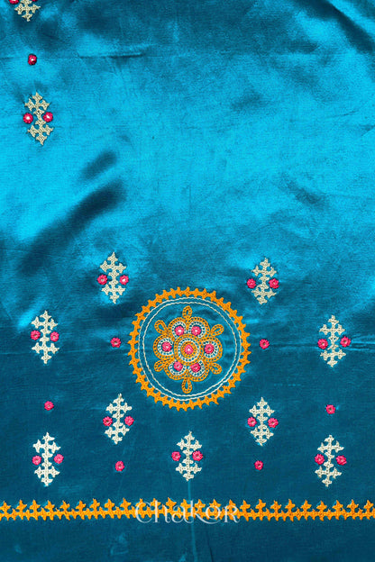 Peacock Blue Mashru Embroidered Blouse Material