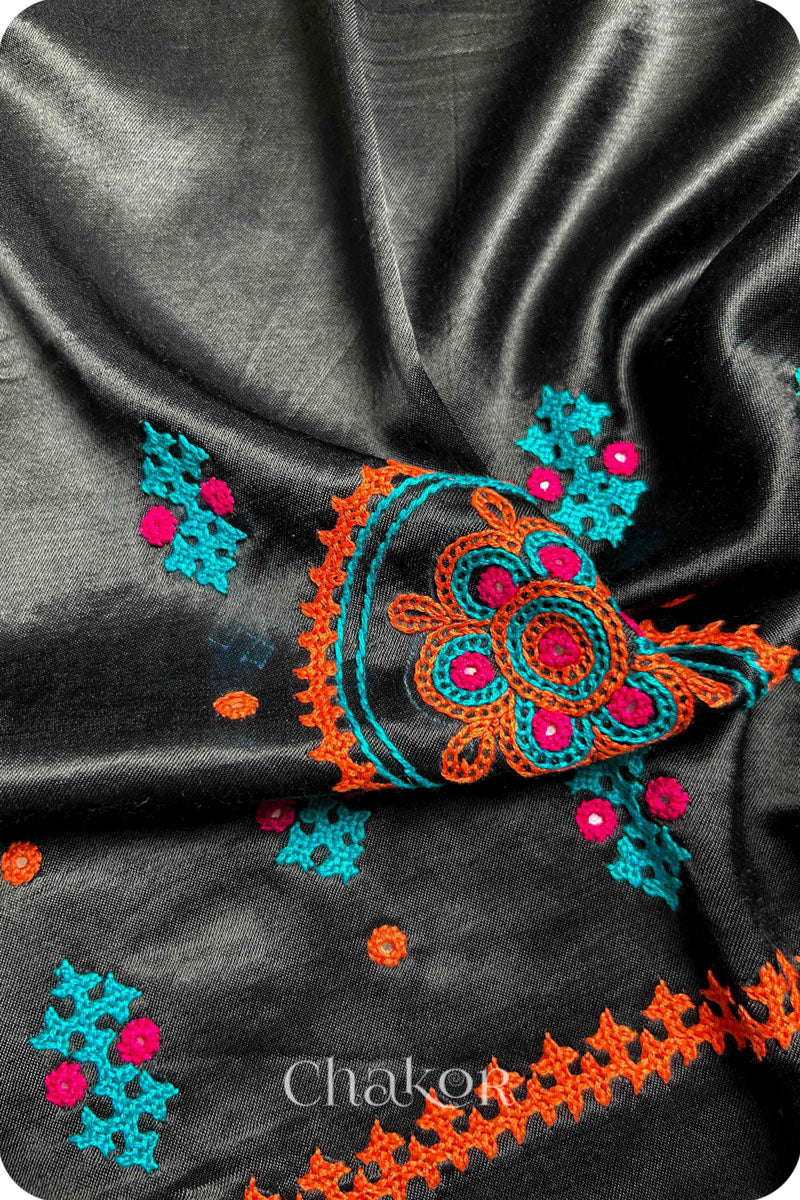 Black  Mashru Embroidered Blouse Fabric