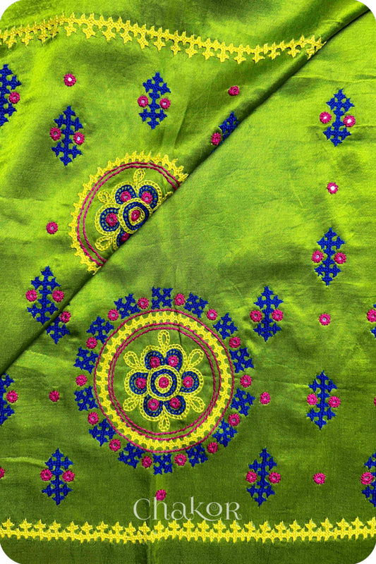 Parrot Mashru Embroidered Blouse Fabric