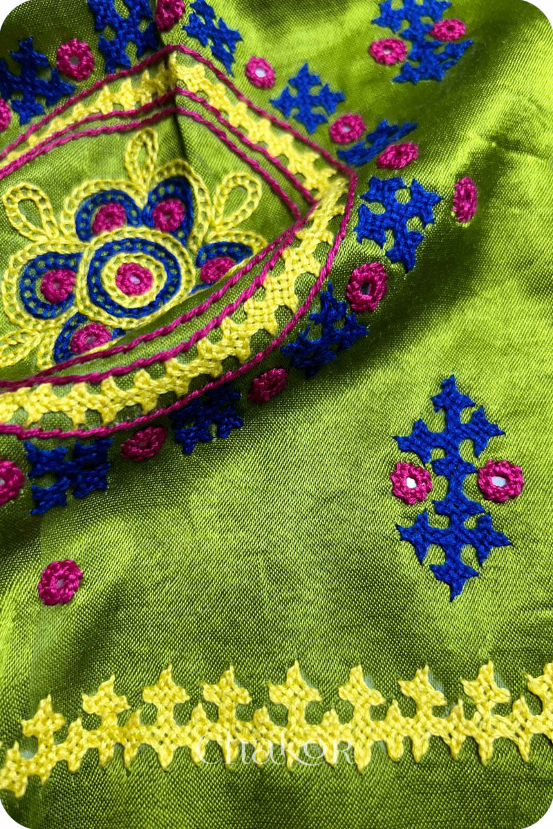 Parrot Mashru Embroidered Blouse Fabric