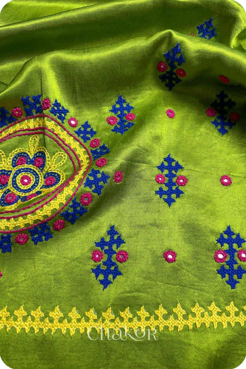 Parrot Mashru Embroidered Blouse Fabric