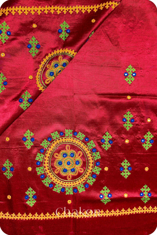 Red Mashru Embroidered Blouse Fabric