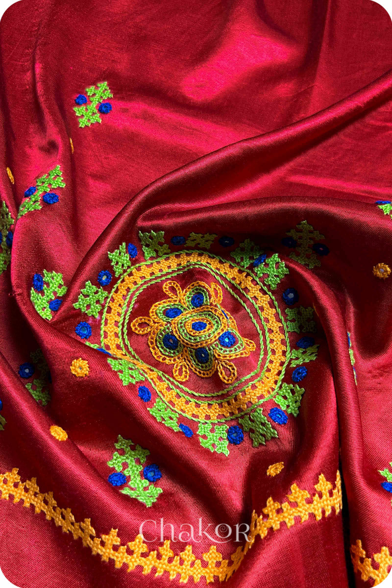 Red Mashru Embroidered Blouse Fabric