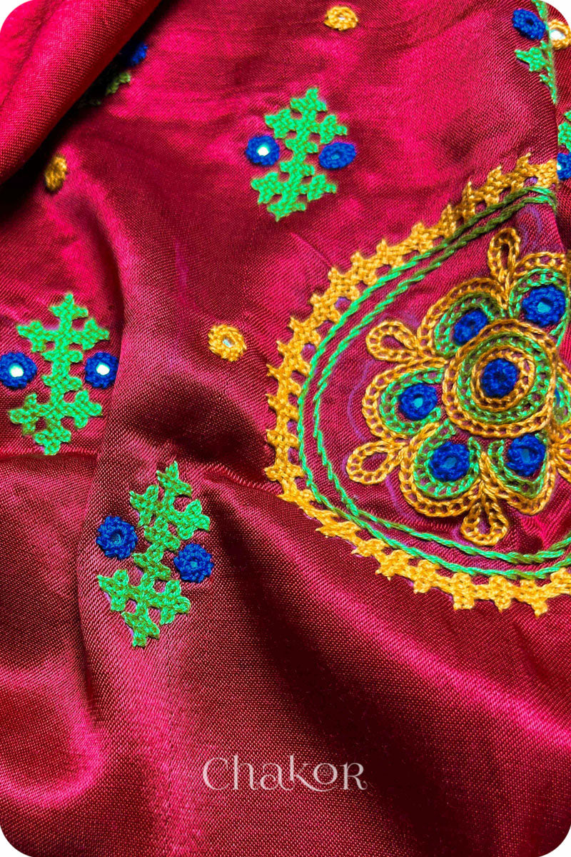 Red Mashru Embroidered Blouse Fabric