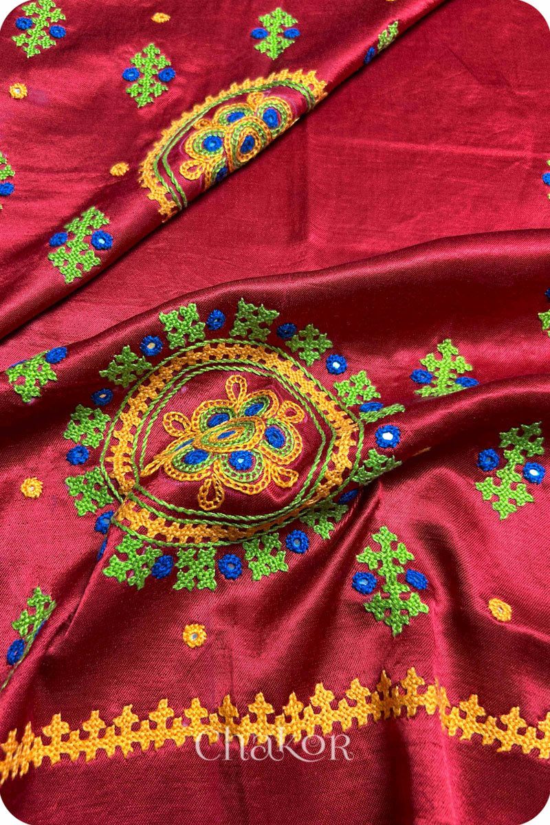 Red Mashru Embroidered Blouse Fabric