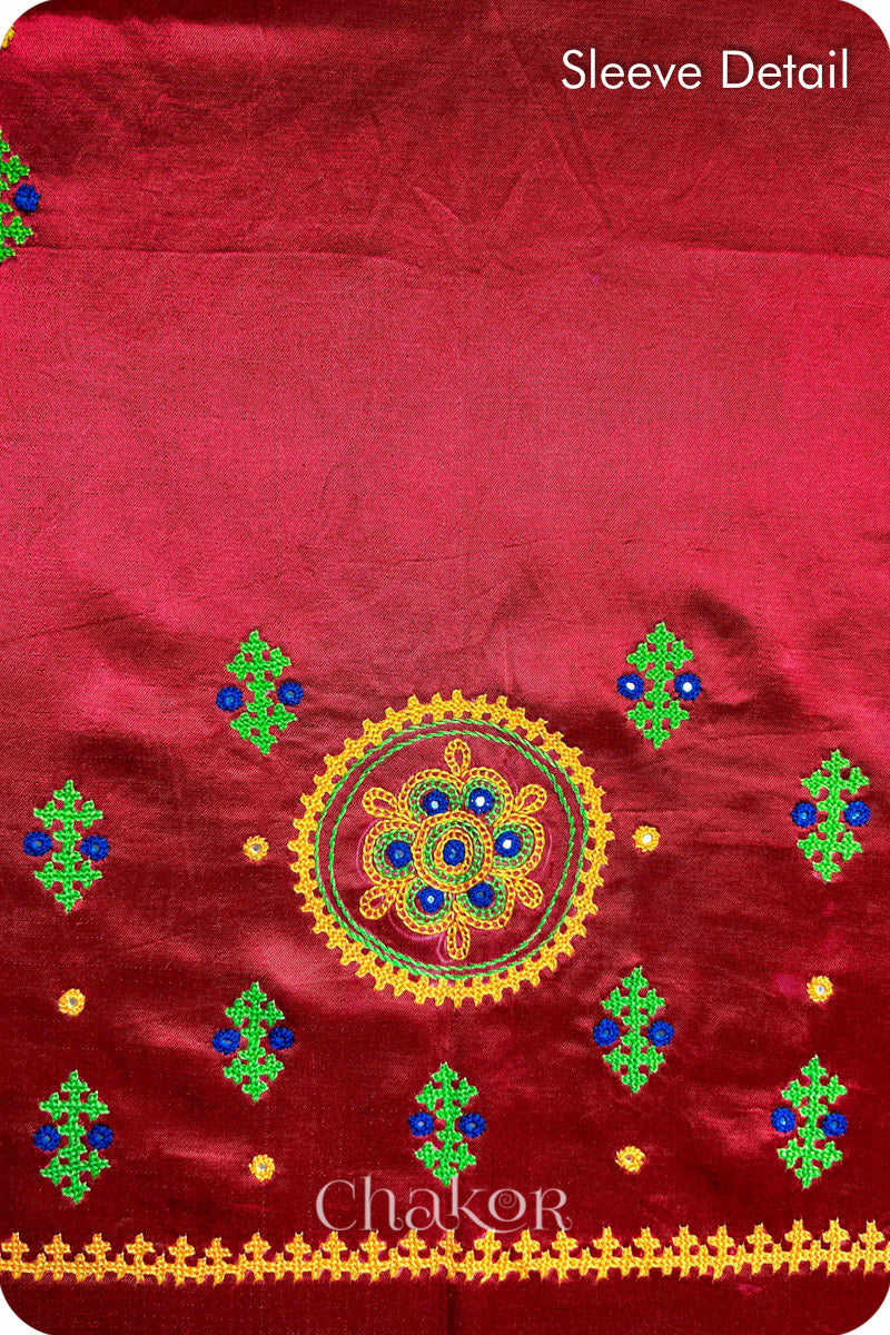 Red Mashru Embroidered Blouse Fabric