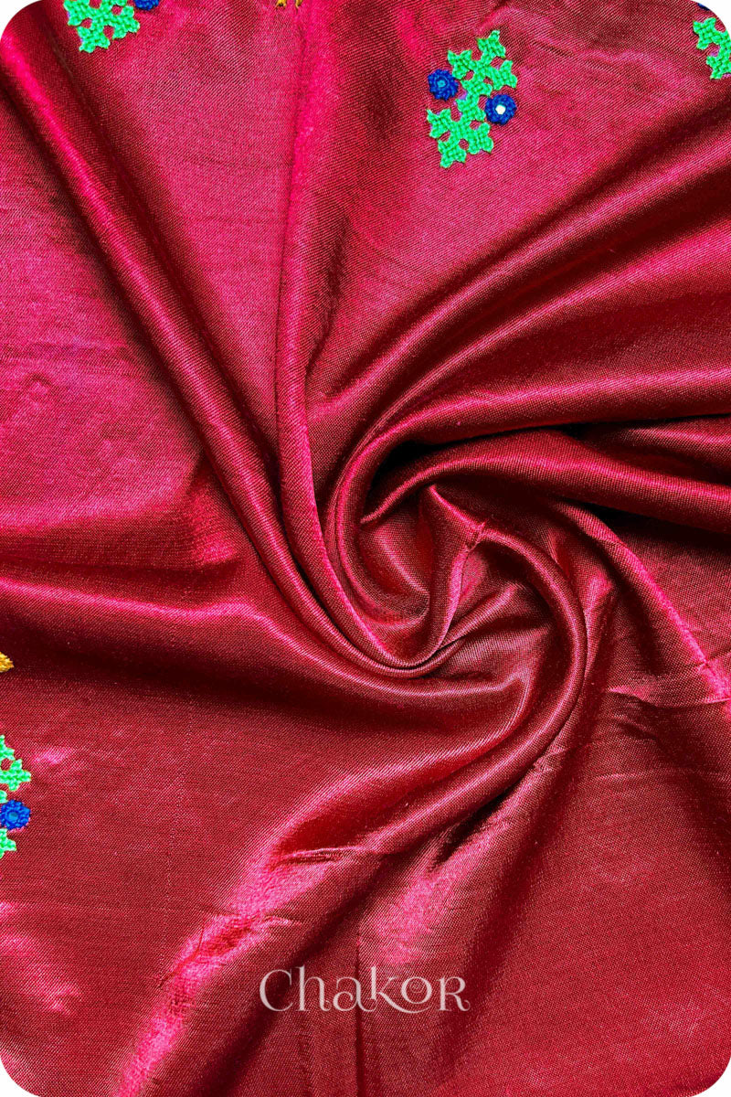 Red Mashru Embroidered Blouse Fabric