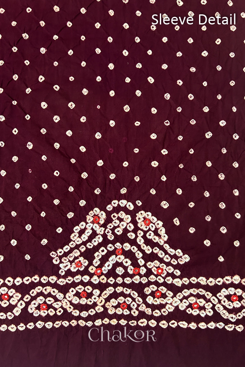 Popat Bandhani parrot motifs and mirror work designed for the sleeve of a Maroon blouse.
