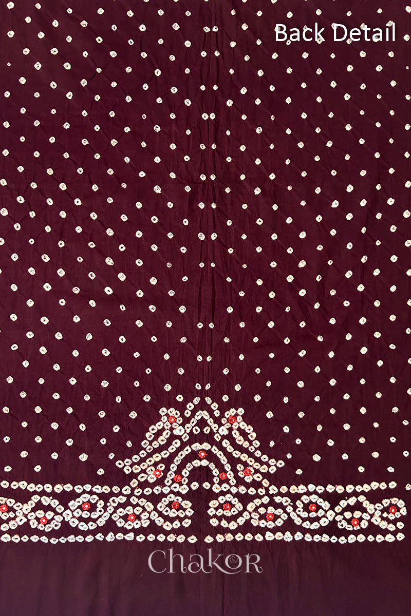 Popat Bandhani parrot motif and mirror work designed for the back of a Maroon blouse.

