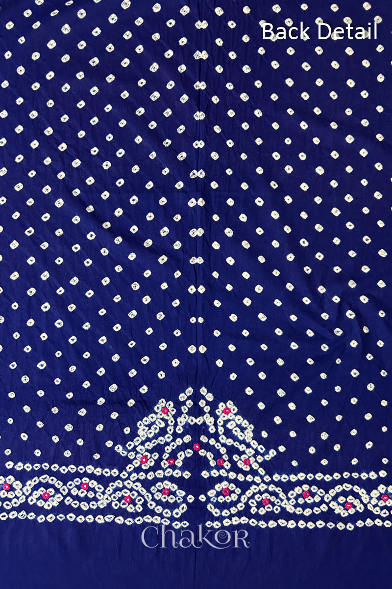 Popat Bandhani parrot motif and mirror work designed for the back of a Navy blue blouse.
