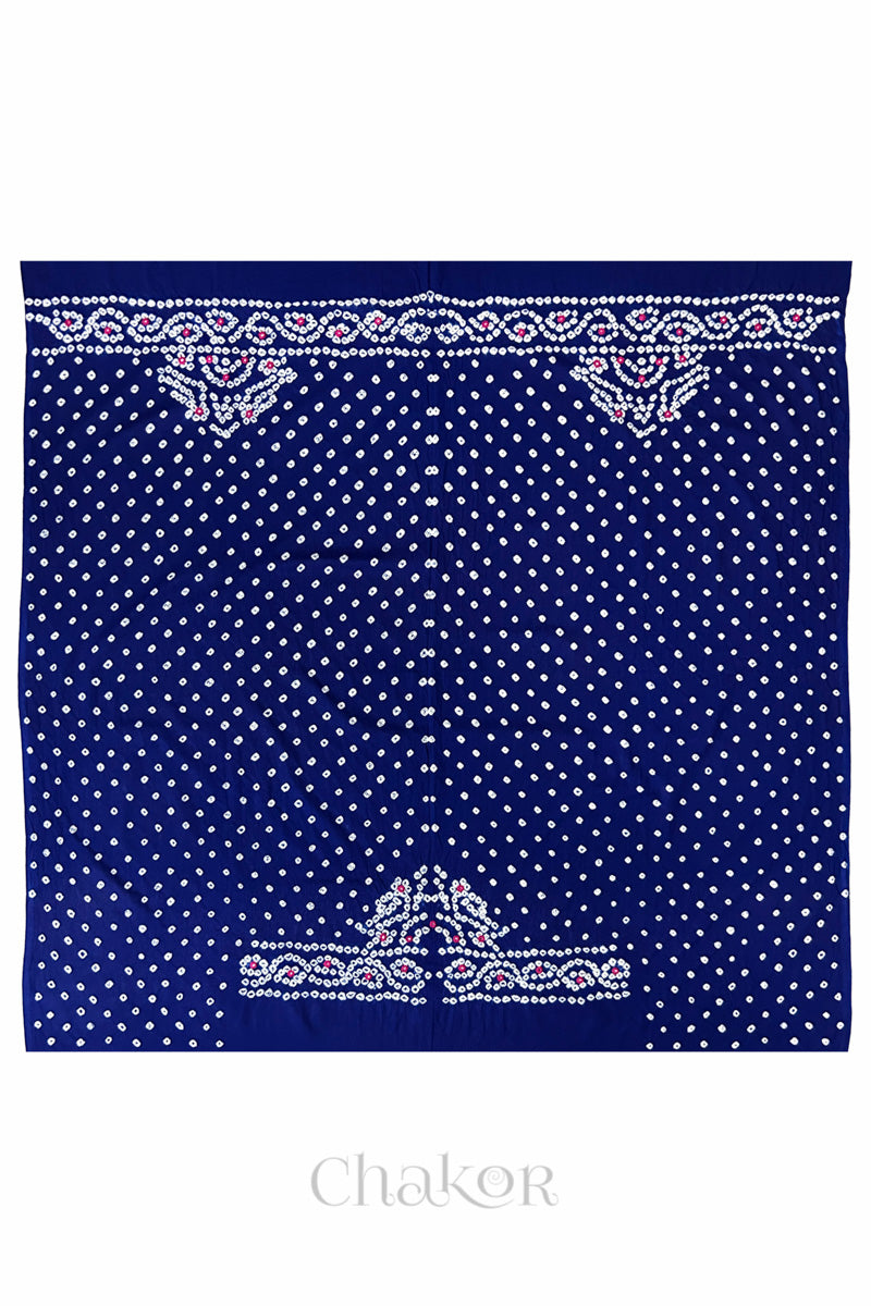 Full 1-metre layout of Navy blue Popat Bandhani blouse piece showing back and sleeve motif placement.

