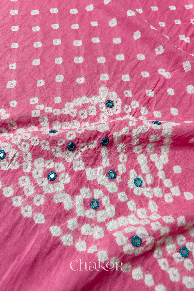 Detailed Popat Bandhani pattern with hand-embroidered mirrors on Pink cambric cotton blouse piece.
