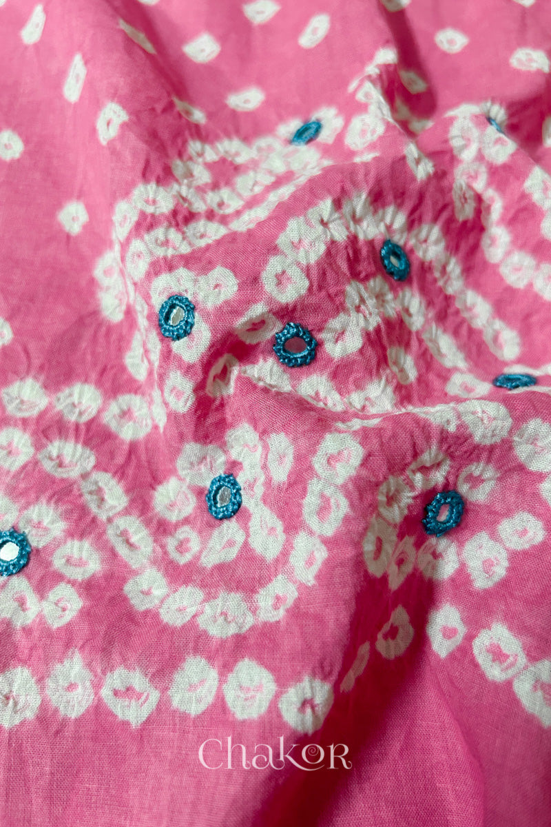 Detailed Popat Bandhani pattern with hand-embroidered mirrors on Pink cambric cotton unstitched blouse piece.
