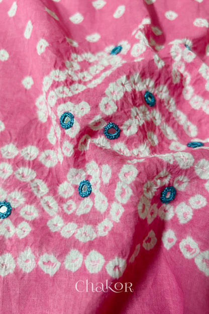 Detailed Popat Bandhani pattern with hand-embroidered mirrors on Pink cambric cotton unstitched blouse piece.

