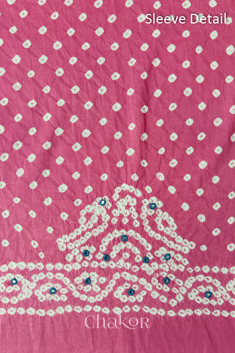 Popat Bandhani parrot motifs and mirror work designed for the sleeve of a Pink blouse.
