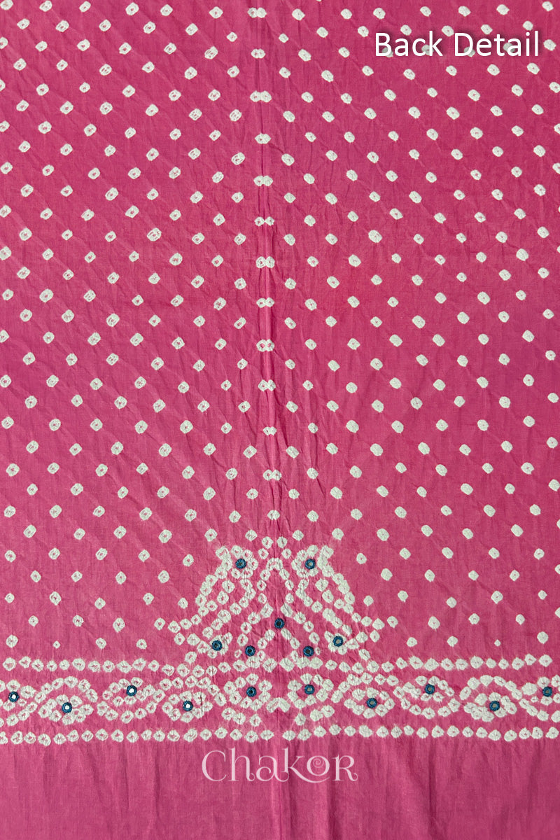Popat Bandhani parrot motif and mirror work designed for the back of a Pink blouse.
