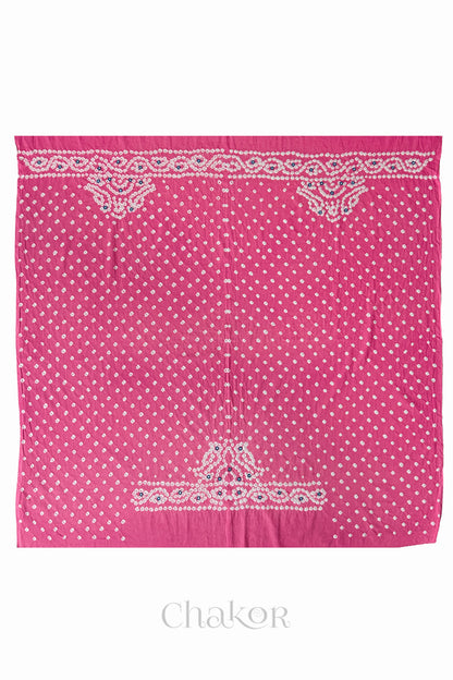 Full 1-metre layout of Pink Popat Bandhani blouse piece showing back and sleeve motif placement.

