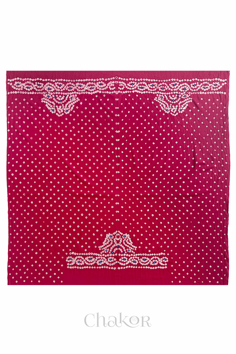 Full 1-metre layout of Strawberry pink Popat Bandhani blouse piece showing back and sleeve motif placement.
