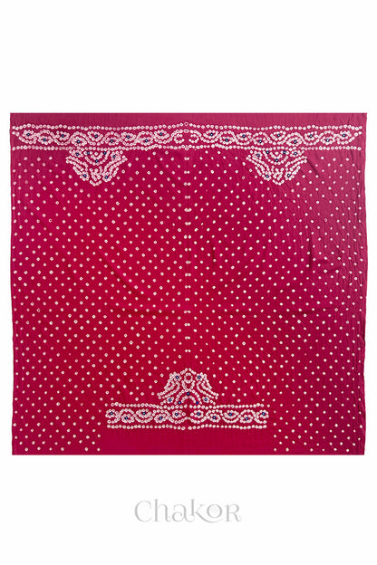Full 1-metre layout of Strawberry pink Popat Bandhani blouse piece showing back and sleeve motif placement.
