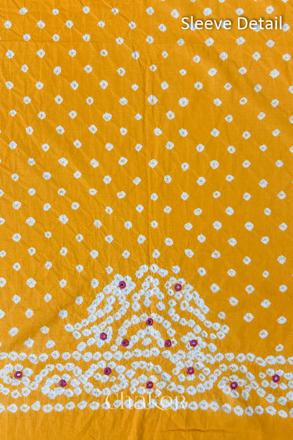 Popat Bandhani parrot motifs and mirror work designed for the sleeve of a Yellow blouse.

