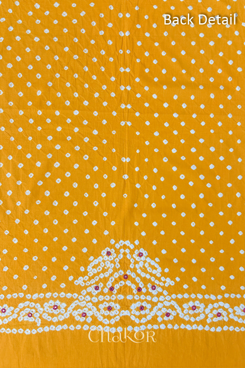 Popat Bandhani parrot motif and mirror work designed for the back of a Yellow blouse.
