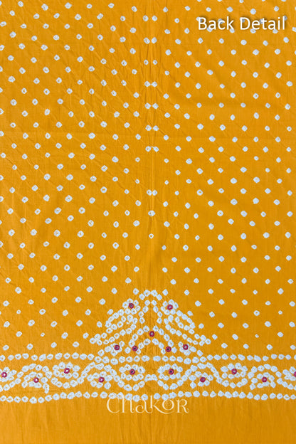 Popat Bandhani parrot motif and mirror work designed for the back of a Yellow blouse.
