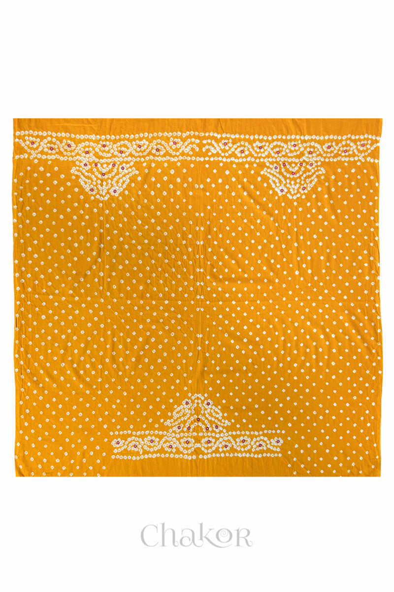 Full 1-metre layout of Yellow Popat Bandhani blouse piece showing back and sleeve motif placement.
