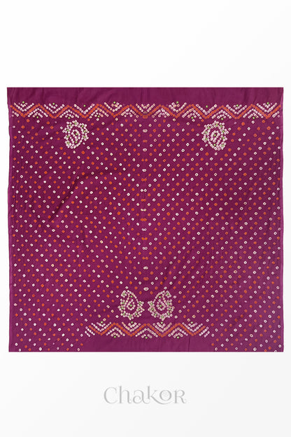 Full 1-metre layout Magenta Kutch Bandhani cotton blouse fabric showing traditional hand tie-dye pattern.
