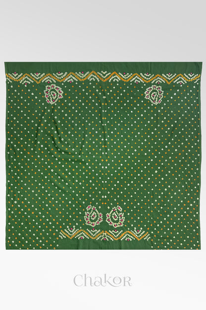 Full 1-metre layout Mehendi Green Kutch Bandhani cotton blouse fabric showing traditional hand tie-dye pattern.
