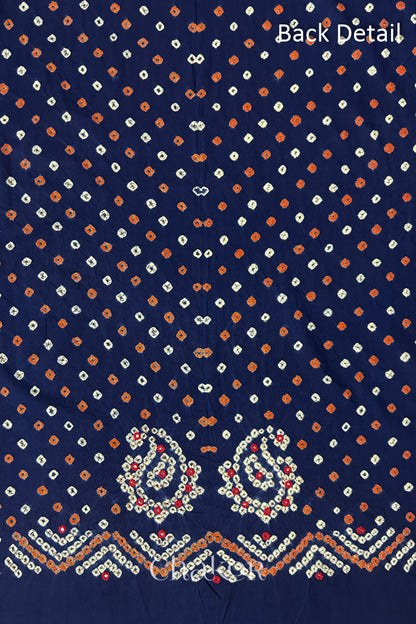 Close-up of Navy Kutch Bandhani fabric with white dotted pattern and Keri motifs for back.
