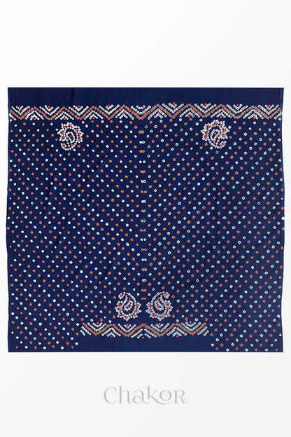 Full 1-metre layout Navy Kutch Bandhani cotton blouse fabric showing traditional hand tie-dye pattern.
