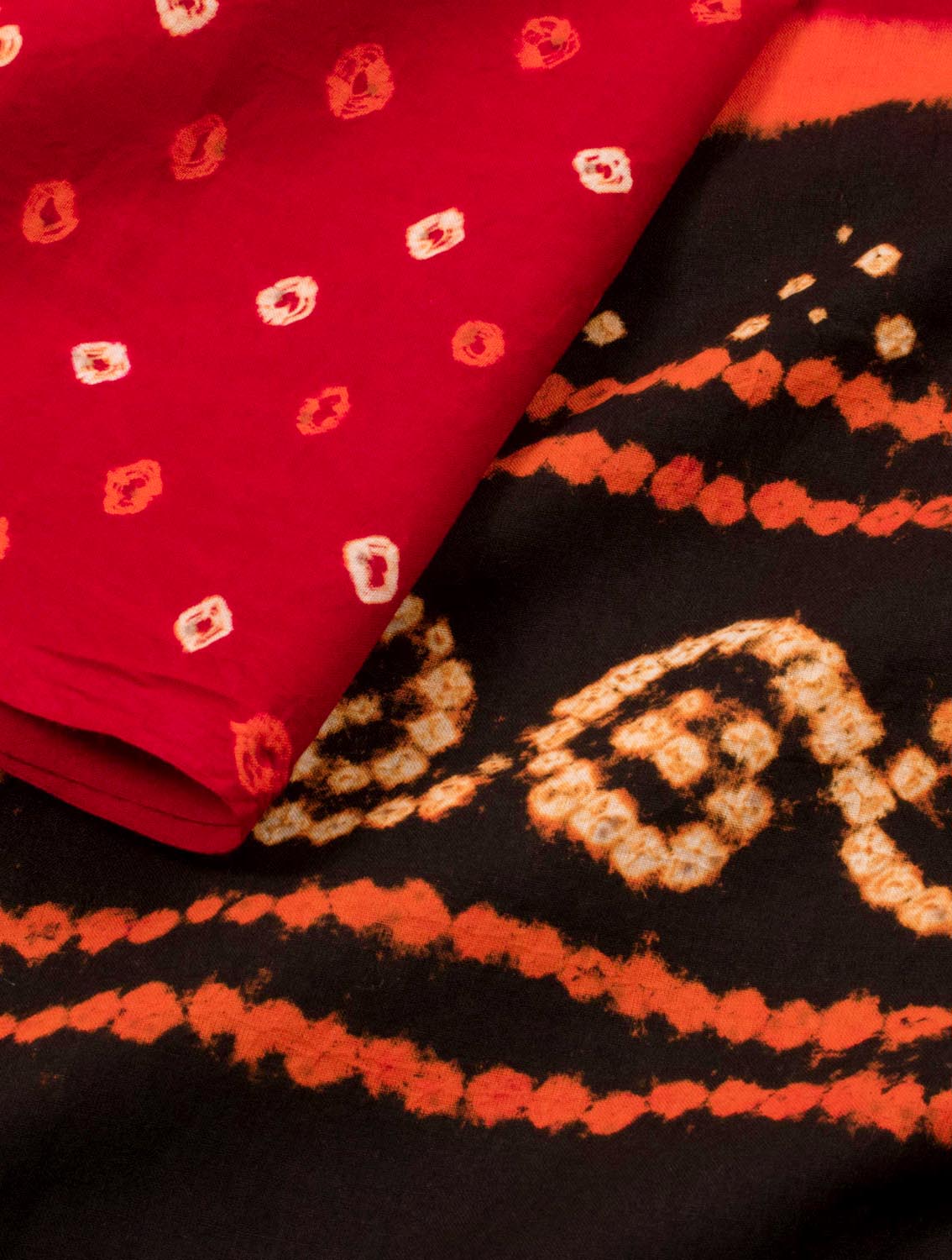 Red Black Bandhani Cotton Bottom Fabric