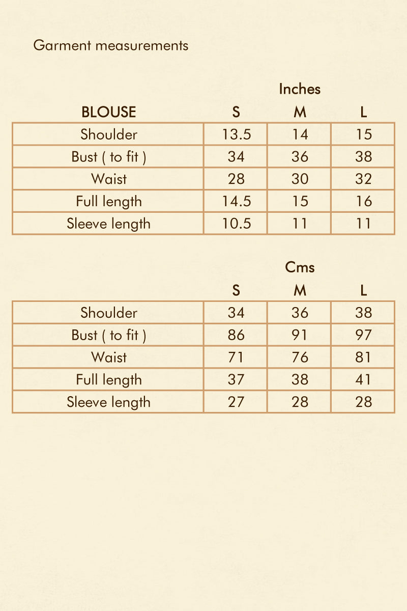 Size chart - handcrafted Mashru Silk Blouse with intricate mirror embroidery.
