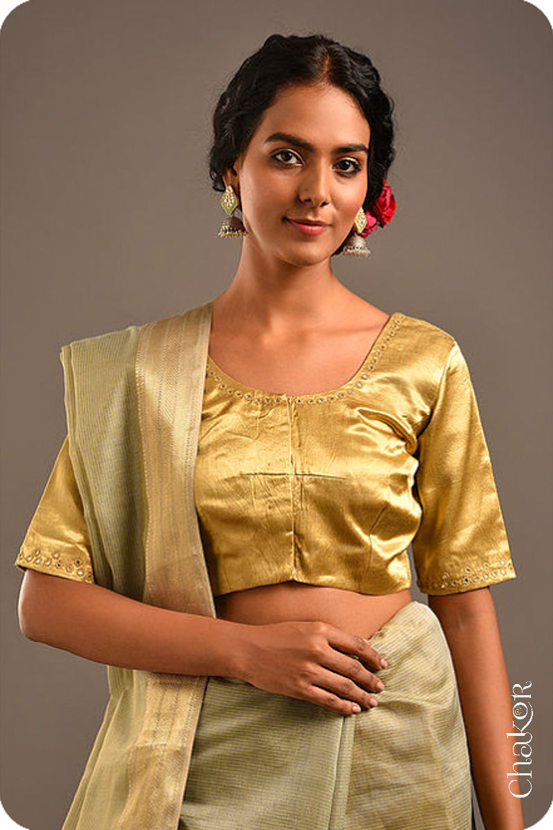 Beige Mashru Embroidered Blouse