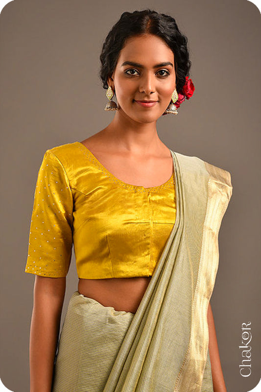 Mustard Mashru Embroidered Blouse