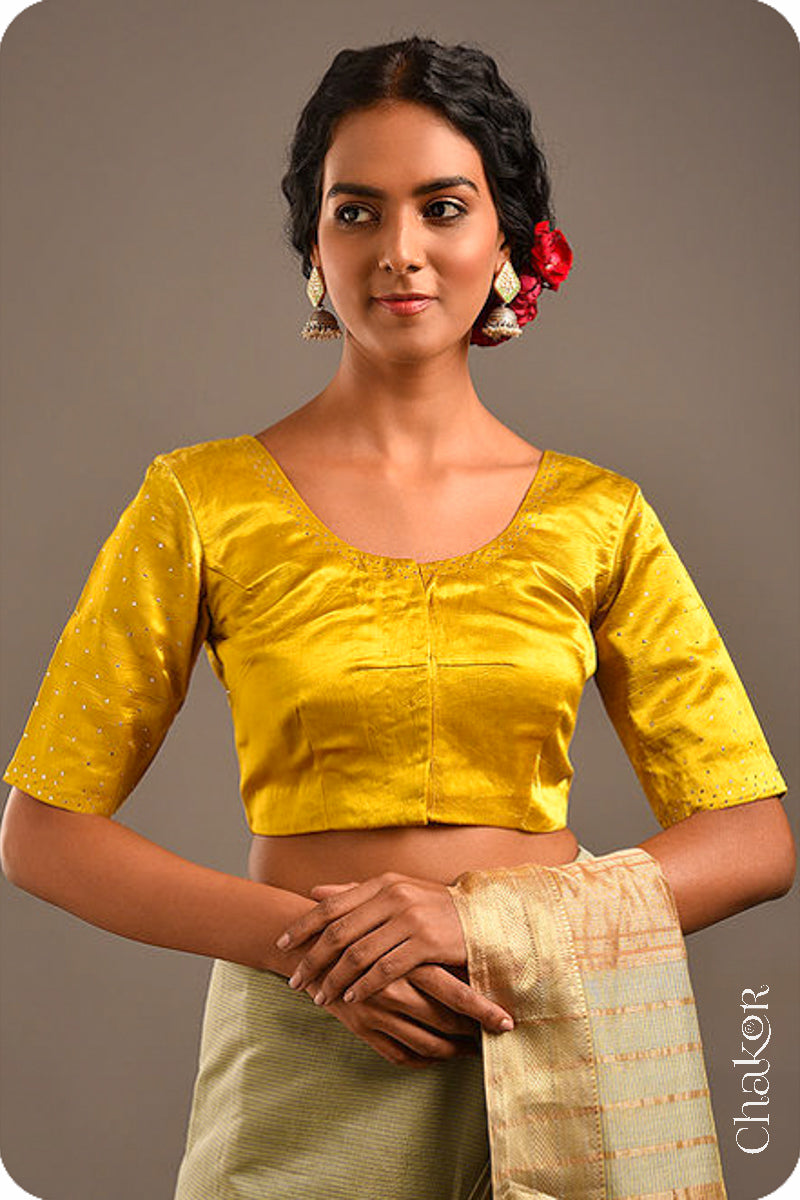 Mustard Mashru Embroidered Blouse