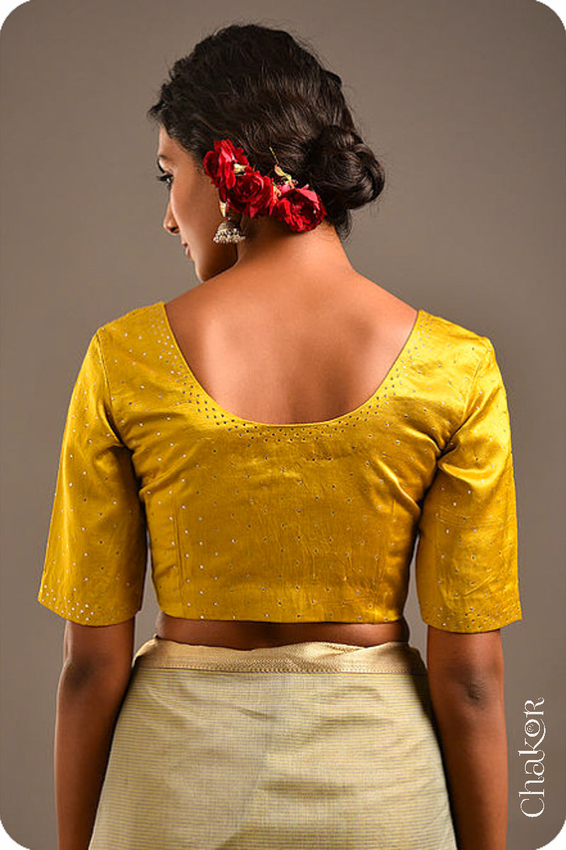 Mustard Mashru Embroidered Blouse