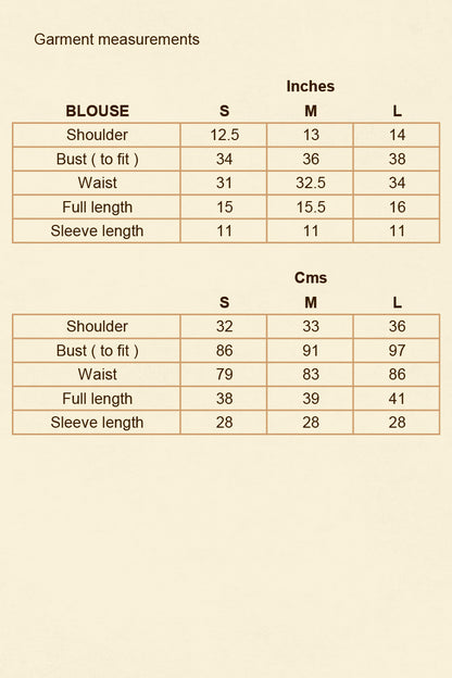 Garment measurements chart for blouse in both inches and centimeters on a beige background.