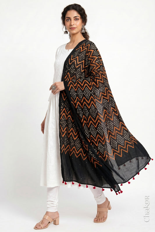 Black Bandhani Mul Cotton Mukaish Embroidered  Dupatta | Kutch Tie-Dye
