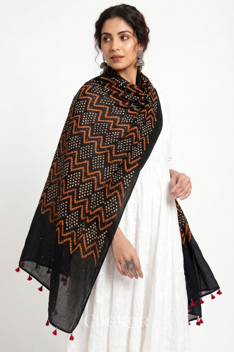 Hand tied Black Kutch Bandhani dupatta with mukaish embroidery in pure mercerised mulmul cotton worn by model.
