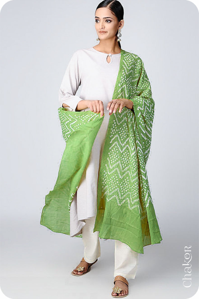 Green Bandhani Mul Cotton Dupatta