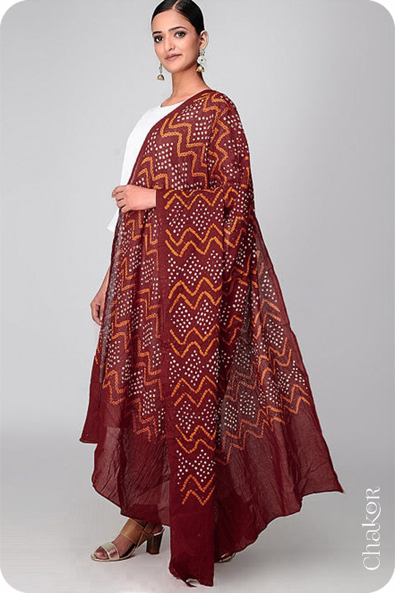 Maroon Bandhani Mul Cotton Dupatta