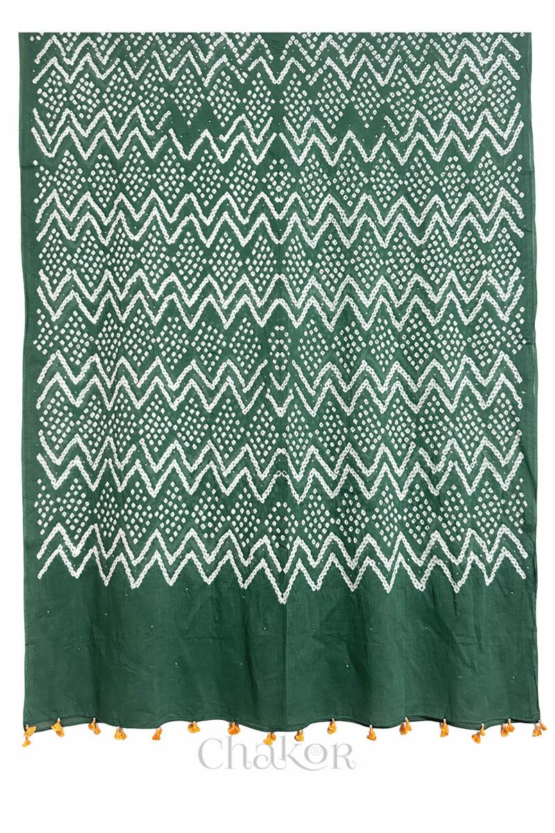 Full view of Moss green Kutch Bandhani dupatta with mukaish embroidery in pure mercerised mulmul cotton.
