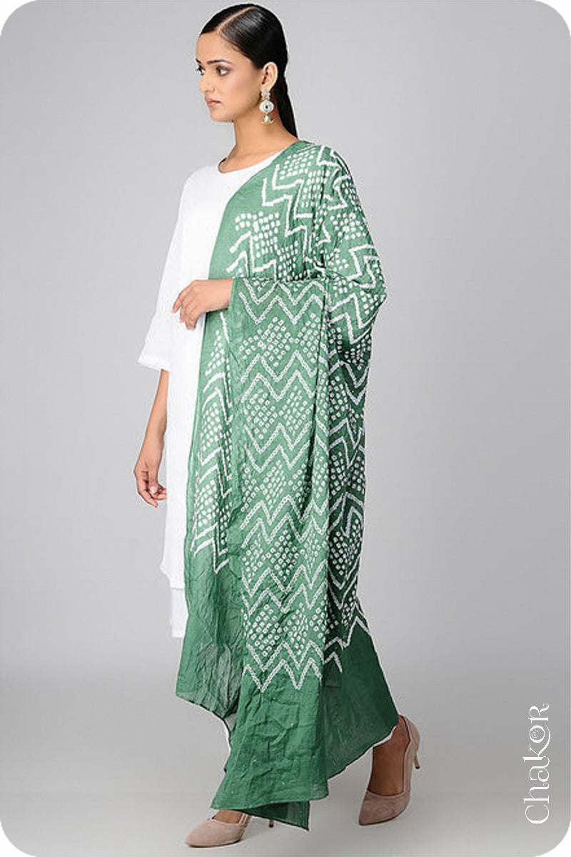 Moss Green Bandhani Mul Cotton Dupatta